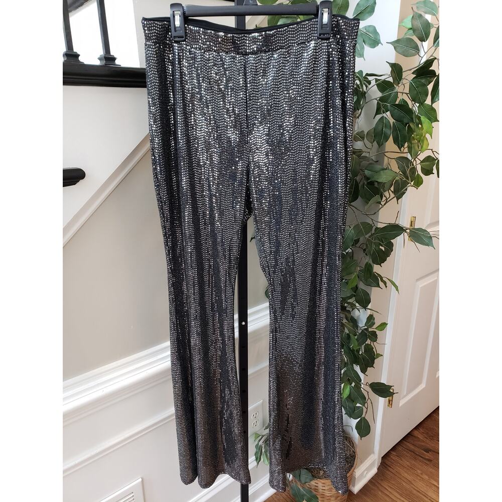 Forever 21 Sequin Pant Womens 0x Black Geo Print Elastic Waist Wide Legs Pull On